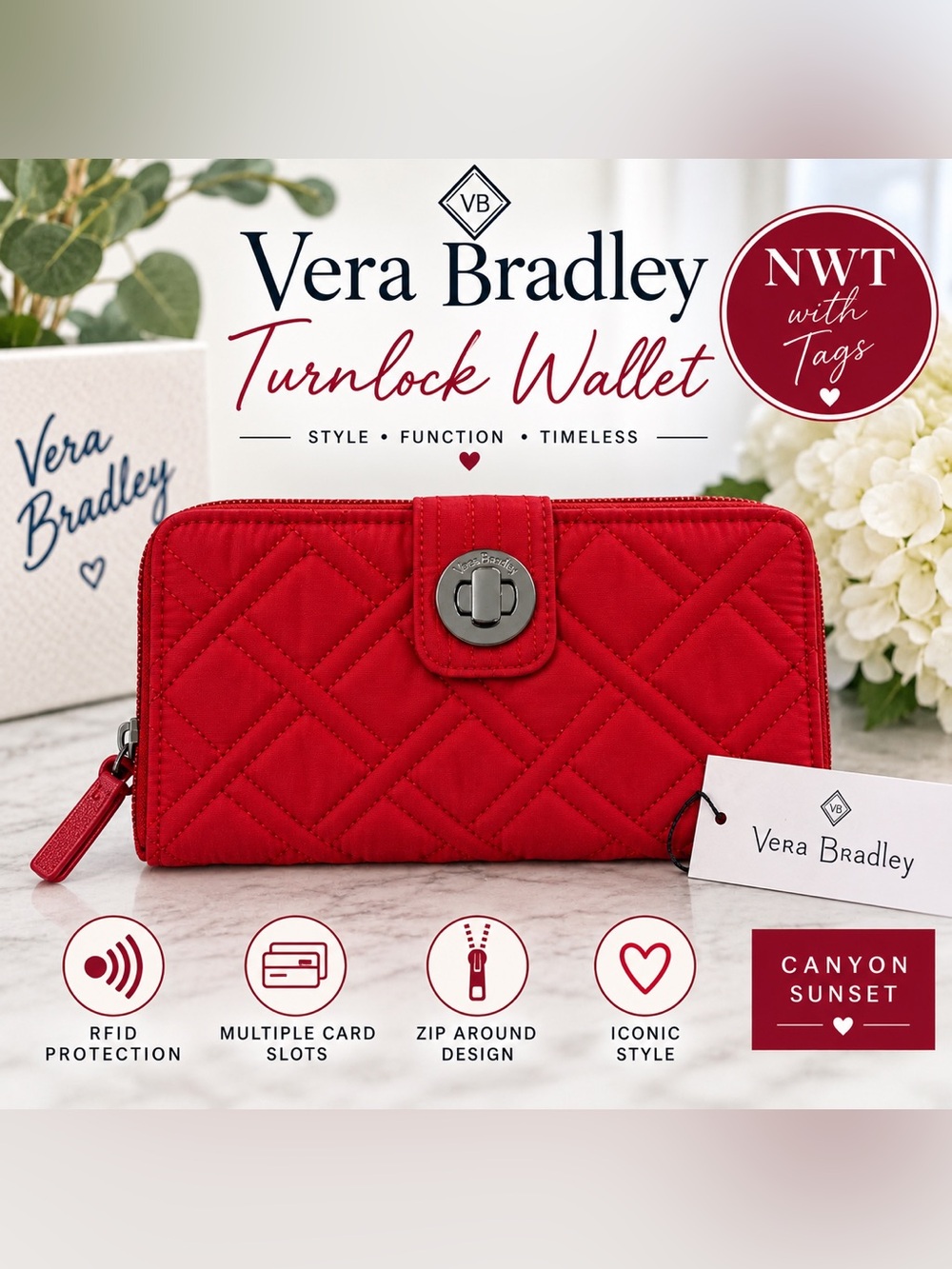 NWT Vera Bradley RFID Turnlock Wallet Canyon Sunset Red Quilted